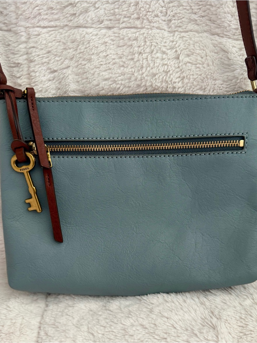 Fossil Dusty Blue Leather Crossbody with Key Charm